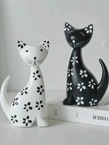 Black & White Couple Spotted Kitten Ornament, Nordic Minimalist Wooden Cat Ornament - Cute Cat, Desktop Decoration