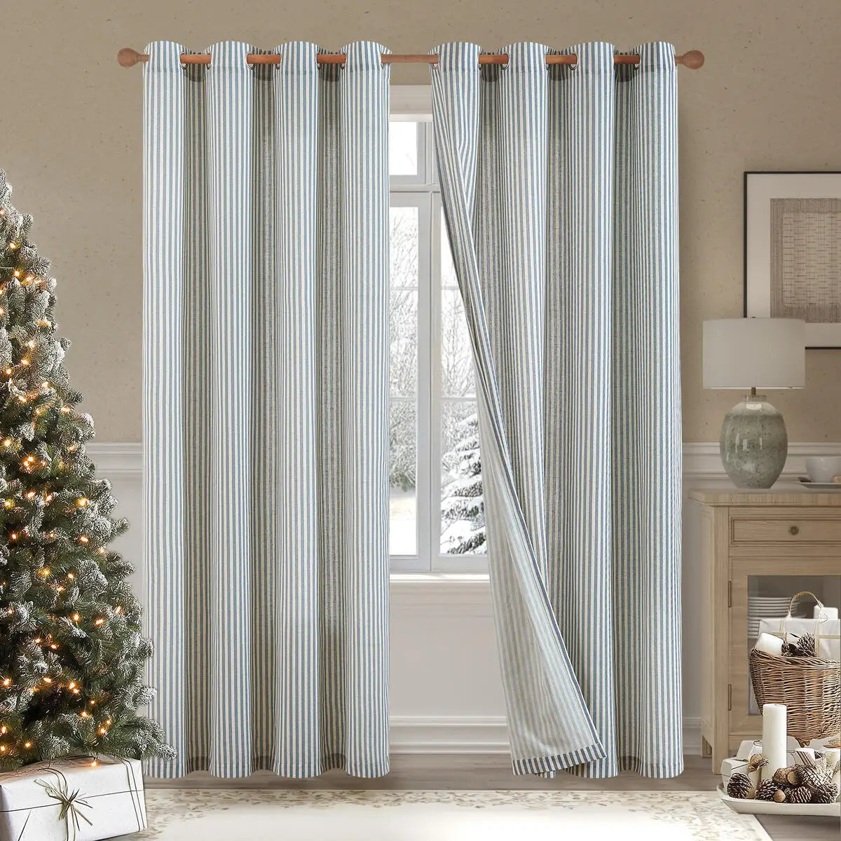 JINCHAN 2PCS Linen Curtains For Living Room Bedroom Ticking Striped Window Treatment Light Filtering Drapes Grommet Top Curtain