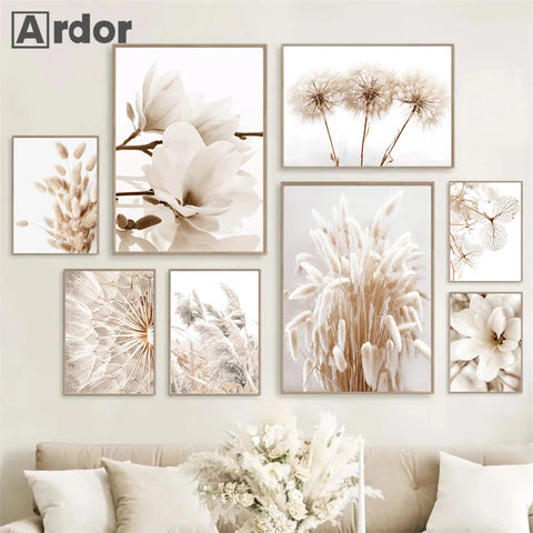Nordic Beige Dandelion Painting Poster Reed Canvas Art Print Flower Posters Bunny Tail Grass Wall Art Picture Living Room Decor