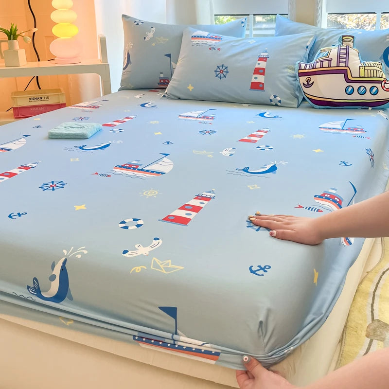 1pc 100%Cotton Bed Sheet for Kids Cartoon Style Car Printed Fitted Sheet with Elastic Band for Boys Pure Cotton Single Bed Cover