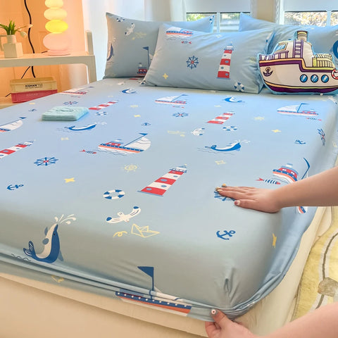1pc 100%Cotton Bed Sheet for Kids Cartoon Style Car Printed Fitted Sheet with Elastic Band for Boys Pure Cotton Single Bed Cover