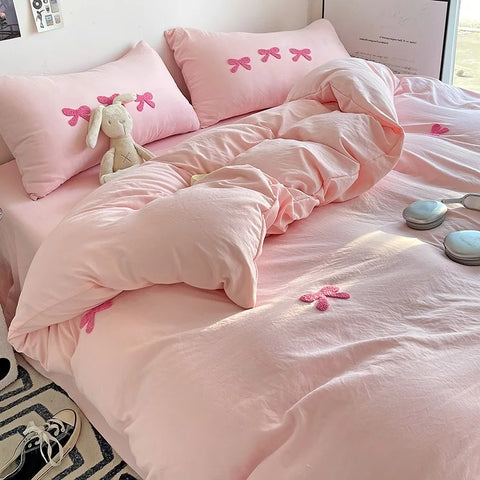 Cute Pink Bows Duvet Cover Set, 3D Embroidery Bedding Sets Pink Bed Set, Comfy Queen Comforter Covers Soft for Girls Kids Teens