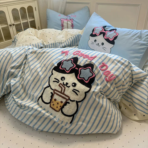 Cute Pink Cartoon Cat Towel Embroidery Girls Kids Bedding Set Soft Washed Cotton Duvet Covers Set Bed Sheet Pillowcases 3/4Pcs