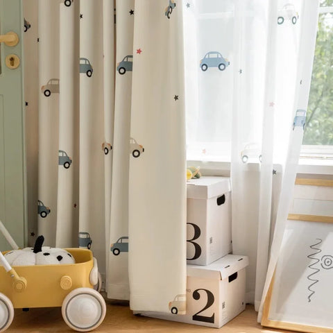 1PC Cute Cartoon Car Children's Blackout Curtains, Beige Shading Curtains For Kids Bedroom Window Decoration,  Tulle Curtains