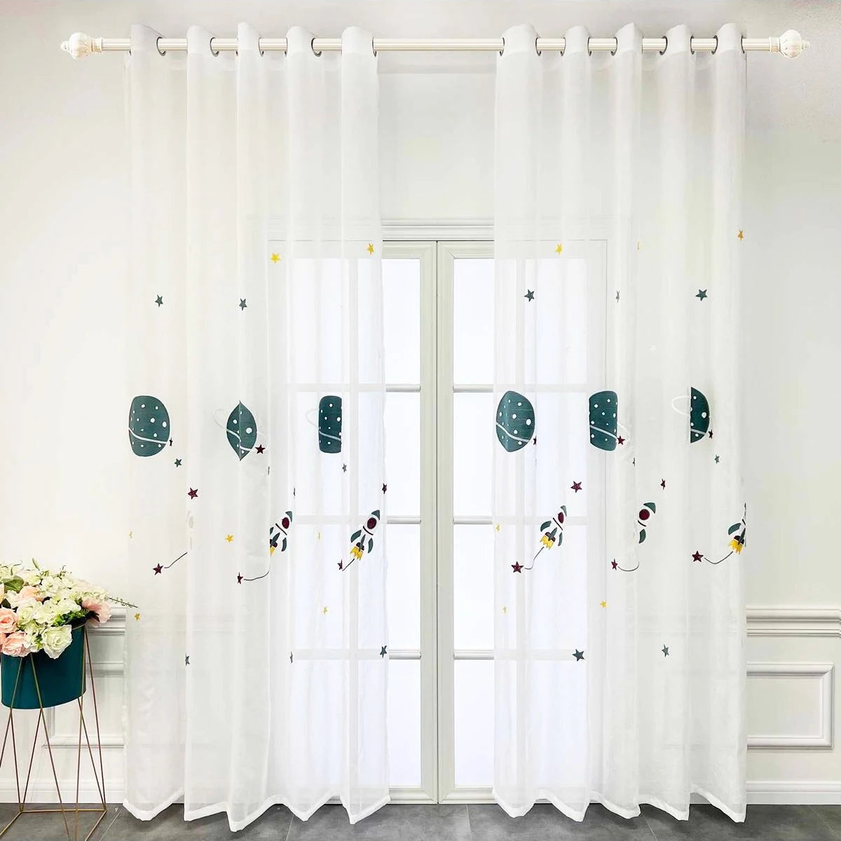 Cartoon Outer Space Rocket Embroidered Voile Curtain For Kids Bedroom Living Room Sheer Window Drapes Luxury Children Tulle 20D3
