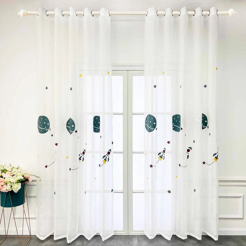 Cartoon Outer Space Rocket Embroidered Voile Curtain For Kids Bedroom Living Room Sheer Window Drapes Luxury Children Tulle 20D3
