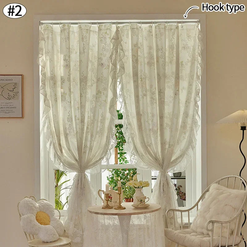 Double Layer Sheer Curtains Floral Print Lace French Style Voile Organza for Bedroom Decor Antique White Drapes 2025 New Design