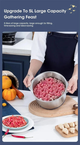 5L Electric Meat Grinder Chopper Stainless Steel Meat Vegetables Blender, 500W Household Stuffing Food Processor Mincer 5 Modes