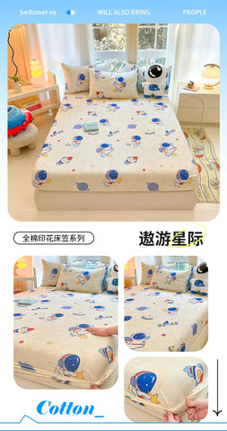 1pc 100%Cotton Bed Sheet for Kids Cartoon Style Car Printed Fitted Sheet with Elastic Band for Boys Pure Cotton Single Bed Cover