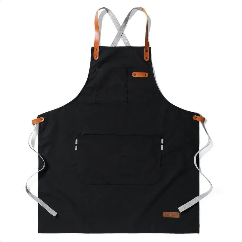Fashion Unisex Work Apron For Men Canvas Black Apron Bib Adjustable Cooking Kitchen Aprons For Woman With Tool Pockets