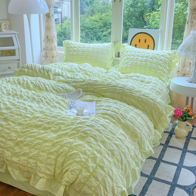 Korean Princess Style Lace Ruffles Bedding Set Skin-friendly Soft Seersucker Duvet Cover Set Bed Sheet Or Bed Skirt Pillowcases