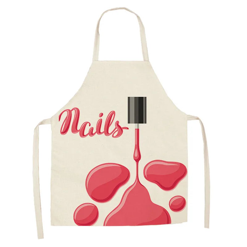 Linen Flower Nail Polish Theme Print Kitchen Aprons Unisex Dinner Party Cooking Bib Funny Pinafore Cleaning Apron