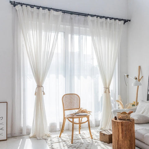 Nordic white Japanese linen cotton curtain tulle for bedroom living room striped gauze finished floating curtain balcony window