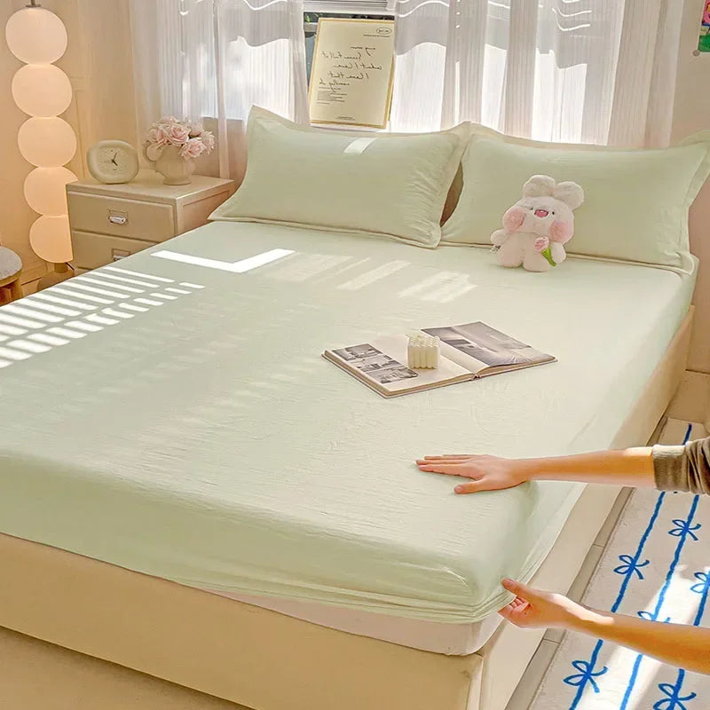 New Ultra-Thin Grid Pattern Fitted Sheet Set Washed Cotton Skin-Friendly Mattress Dust Cover Soft Breathable Household Mat