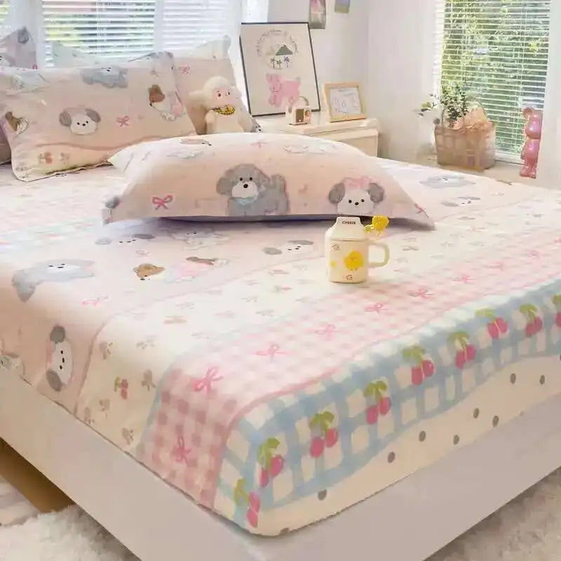 100% Cotton Kids Fitted Sheet - Pink Cartoon Print Single Size, Soft Bed Sheet Mattress Cover (No Pillowcase)