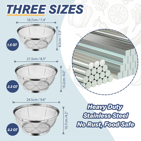 tastyWay Stainless Steel 3-Piece Drain Basket Set, Rice Bowl Drain Basket, Fruit and Vegetable Washing Drain Basket, Kitchen Sup
