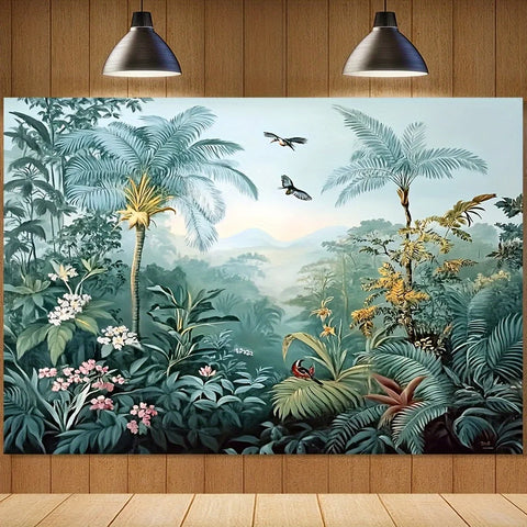 1pc Tropical Rainforest & Birds Wall Tapestry - Vibrant Jungle Scene with Lush Foliage, Colorful Birds & Misty Sunlight on Durab