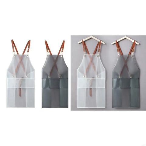 B0KC Transparent TPU Back Cooking Apron Oil-proof Overall Household Kitchen Women Work Clothes with Pocket Halter Apron