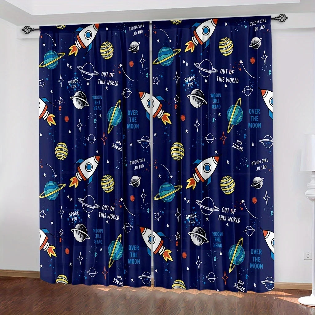 2PCS Cartoon Out Space Curtains for Boys Girls Universe Planet Window Drapes Rod Pocket Galaxy Rocket Astronaut Blue Curtains.