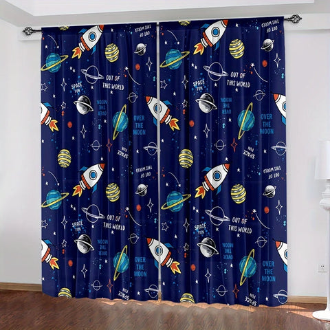 2PCS Cartoon Out Space Curtains for Boys Girls Universe Planet Window Drapes Rod Pocket Galaxy Rocket Astronaut Blue Curtains.