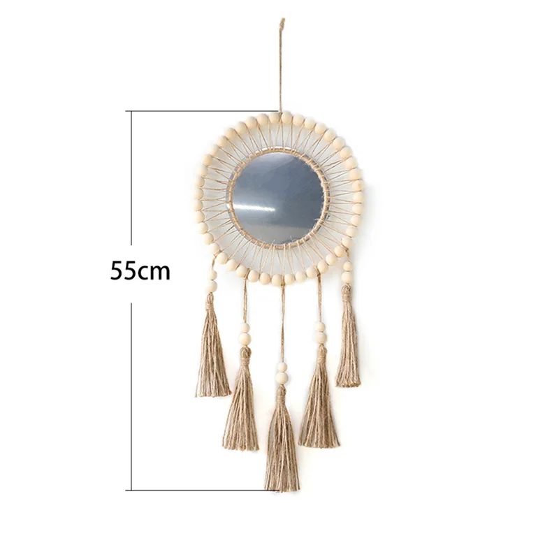 AK23-Wall Mirror Hanging Wall Mirror Boho Antique Mirror With Wood Beads Fringe Handmade Round Decoration