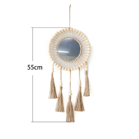AK23-Wall Mirror Hanging Wall Mirror Boho Antique Mirror With Wood Beads Fringe Handmade Round Decoration