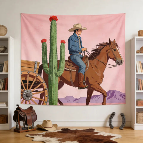 Western Cowboy Pastel Tapestry 2D Printed Desert Cactus & Horse Wall Hanging Retro Rodeo-Themed Home Decor Bedroom Kids Room
