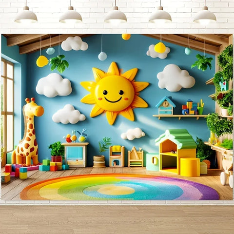 Vibrant Teen Room Tapestries-Wall Hanging-Cheerful Sunlight and Clouds Giraffe Wall Cloth Room Decor 180X280CM