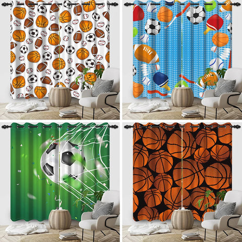 Sports Theme Kids Room Blackout Curtains Football Basketball Rugby Pattern Double Layer Curtains for Bedroom Sports Lovers Decor