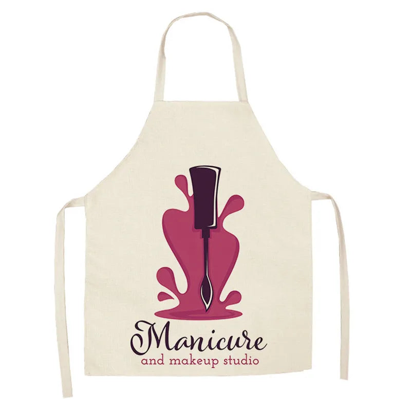 Linen Flower Nail Polish Theme Print Kitchen Aprons Unisex Dinner Party Cooking Bib Funny Pinafore Cleaning Apron