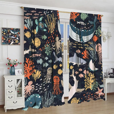Kids Sea Animal Curtains Boys Girls Bedroom Nursery Decor Funny Turtle Whale Ocean Colorful Art Printed Blackout Window Drapes
