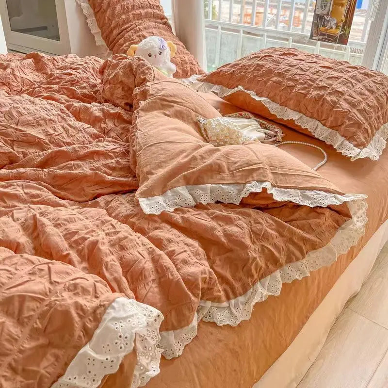 Korean Princess  Bedding Set Duvet Cover Ins Style Wash Cotton Solid Color Summer Soft Bed Sheet Set Comforter Set Quilt Cover