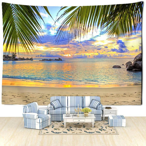 VIKAMA Summer Tropical Beach Sunset Panoramic Tapestry Flower Living Room Bedroom Vacation Style Cozy Relaxing Space Arrangement