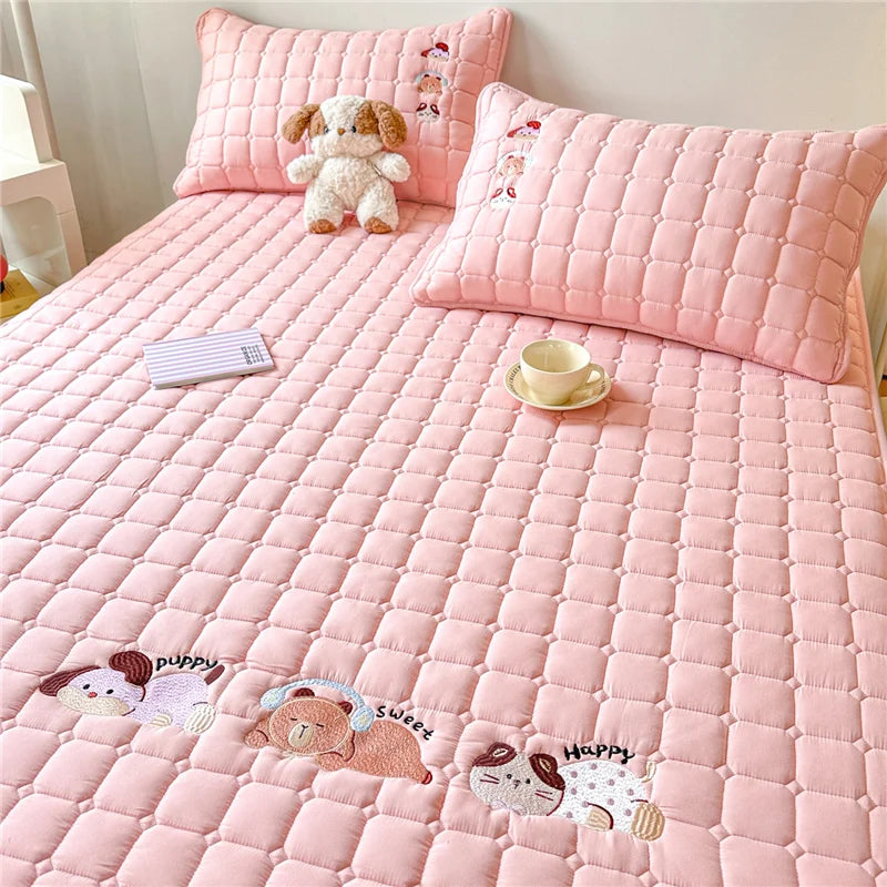 Cartoon Embroidered Bed Cover Quilted Mattress Protector Non-slip Bedspread Thicken Bed Linen 매트리스 커버	 (No Pillowcase)