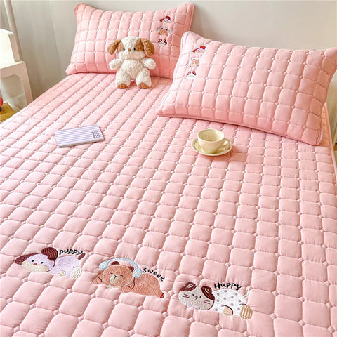 Cartoon Embroidered Bed Cover Quilted Mattress Protector Non-slip Bedspread Thicken Bed Linen 매트리스 커버	 (No Pillowcase)