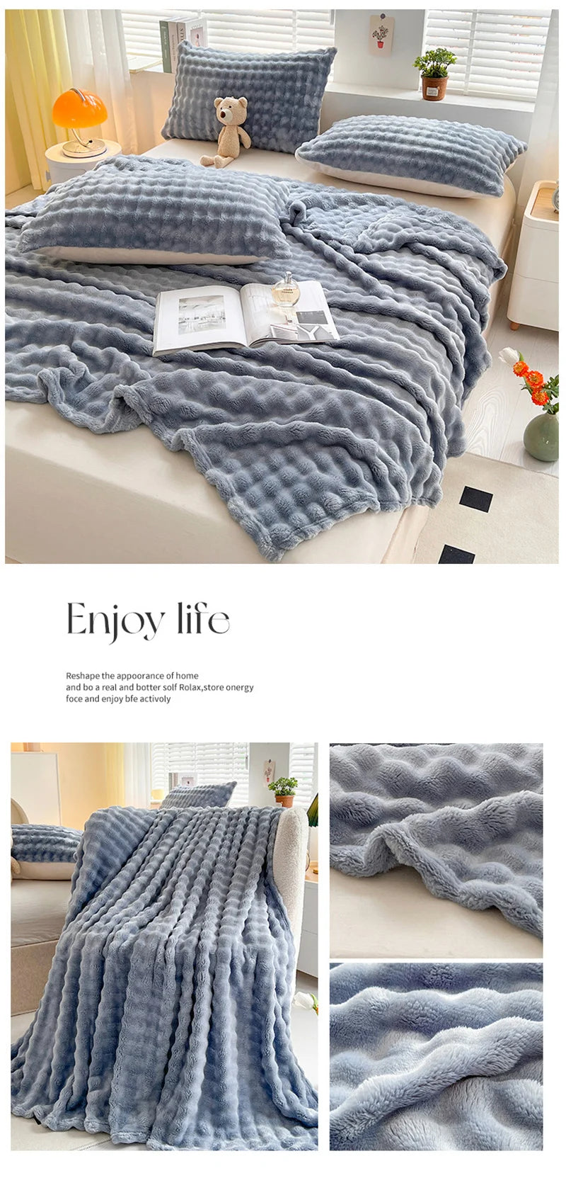 1 Pc Luxury Faux Rabbit Fur Throw Blanket Soft Warm White Striped Fluffy Blankets for Sofa Office Naps Single Double Plush Plaid