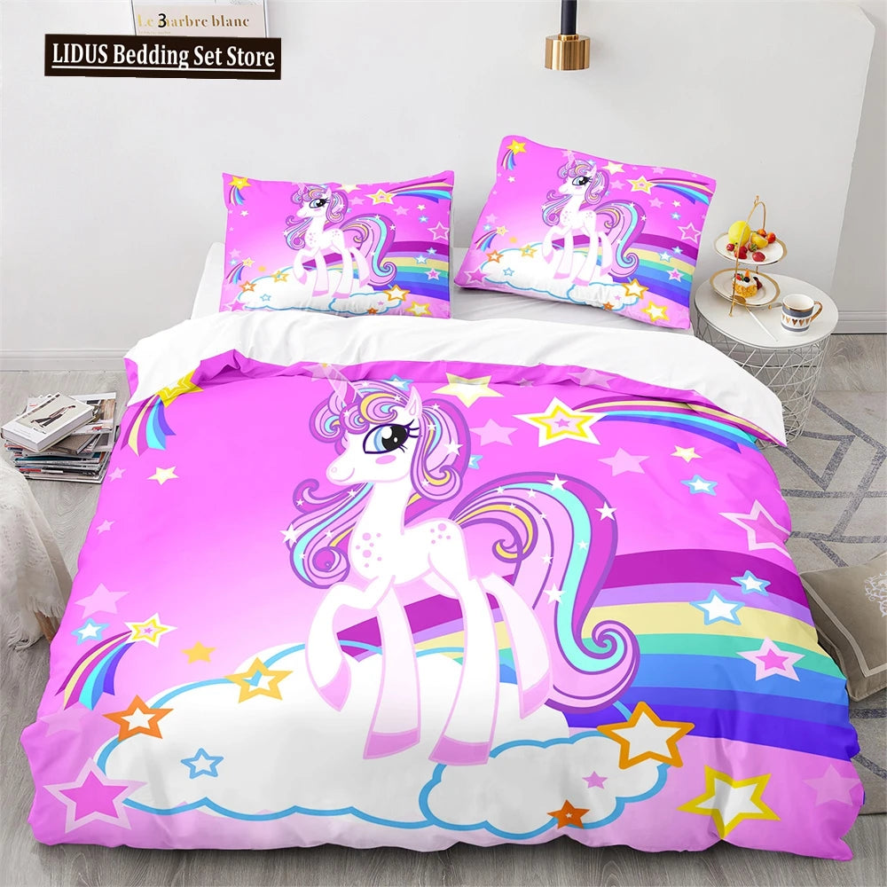 Unicorn Rainbow Duvet Cover Set King Twin Full Size Kids Boy Girl Bedding Set Colourful Cartoon Child Polyester Comforter Cover