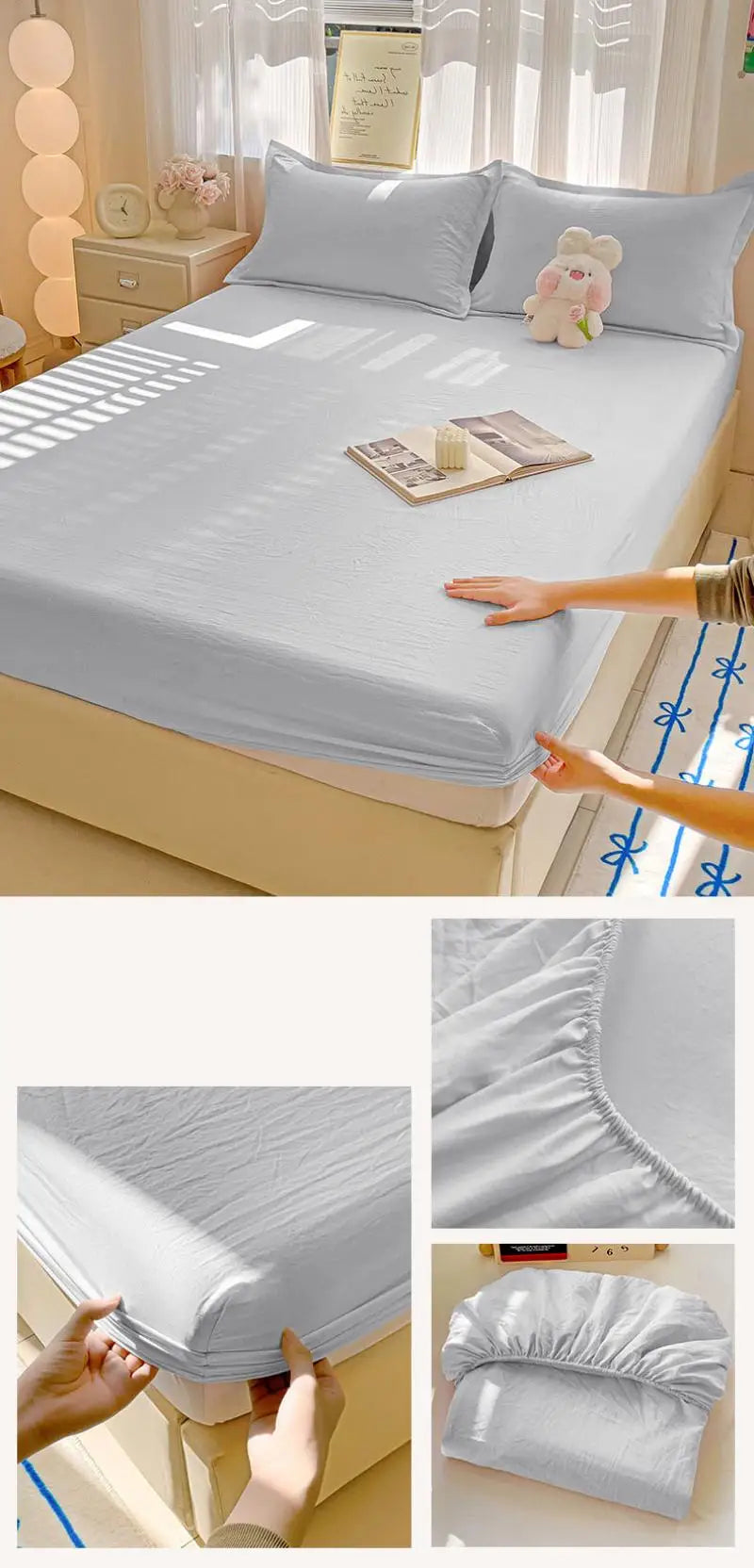 New Ultra-Thin Grid Pattern Fitted Sheet Set Washed Cotton Skin-Friendly Mattress Dust Cover Soft Breathable Household Mat