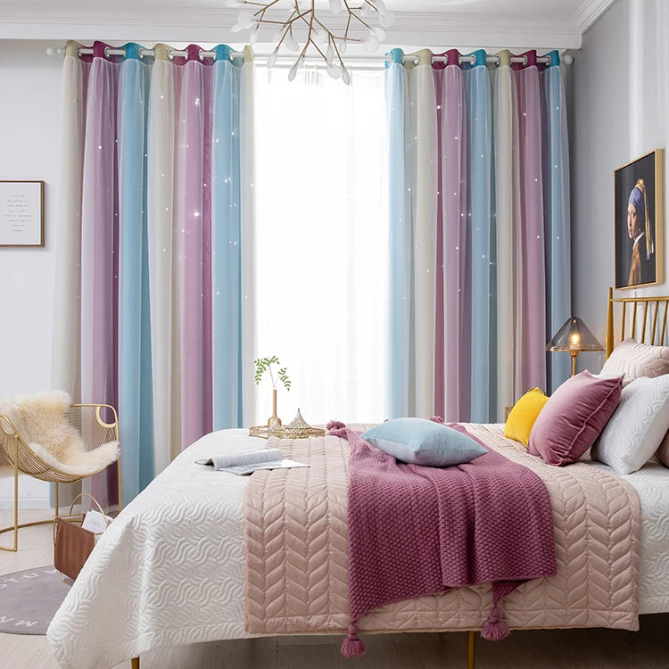 Rainbow Hollow-Out Star Blackout Curtains for Girl Kid Nursery Bedroom and Living Room Double Layer Window Cute Grommet Curtains