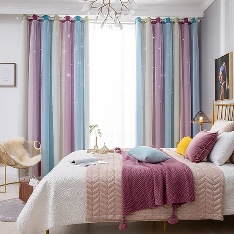 Rainbow Hollow-Out Star Blackout Curtains for Girl Kid Nursery Bedroom and Living Room Double Layer Window Cute Grommet Curtains