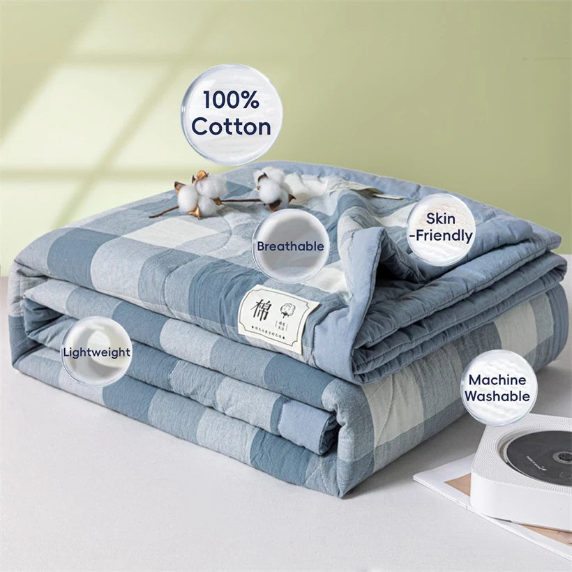 Ins Style Summer Quilt with 100% Cotton Filling Lightweight Skin-friendly Pure Cotton Quilt Plaid Style Thin Comforter Bed Duvet