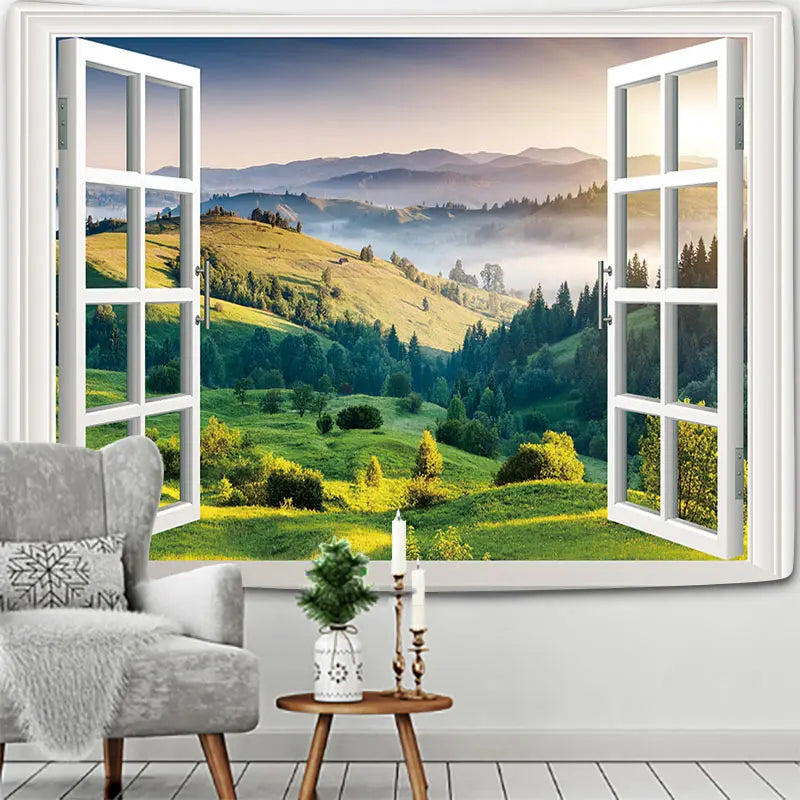 VIKAMA Summer Window View Tapestry Cherry Blossom Sea Idyllic Pastoral Tropical Beach Living Room Room Decoration