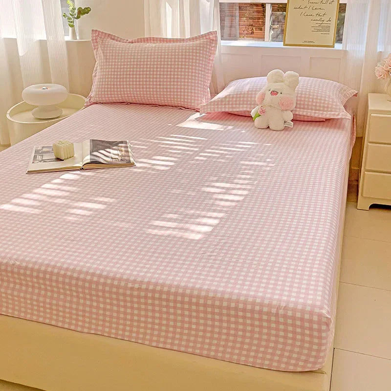 New Ultra-Thin Grid Pattern Fitted Sheet Set Washed Cotton Skin-Friendly Mattress Dust Cover Soft Breathable Household Mat