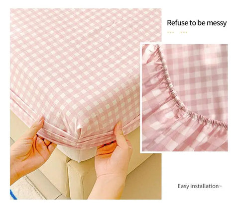 New Ultra-Thin Grid Pattern Fitted Sheet Set Washed Cotton Skin-Friendly Mattress Dust Cover Soft Breathable Household Mat