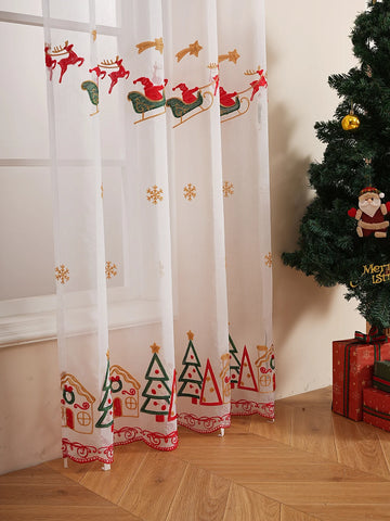 1PC Christmas Reindeer Sleigh Embroidered Tulle Pole Curtain for Living Room Bedroom Holiday Party Decor