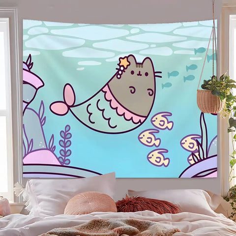 Cartoon P-PusheensS Cute Cat Tapestry Hanging Dormitory Room Bedspread Blanket Children's Room Party Home Decoration Gift