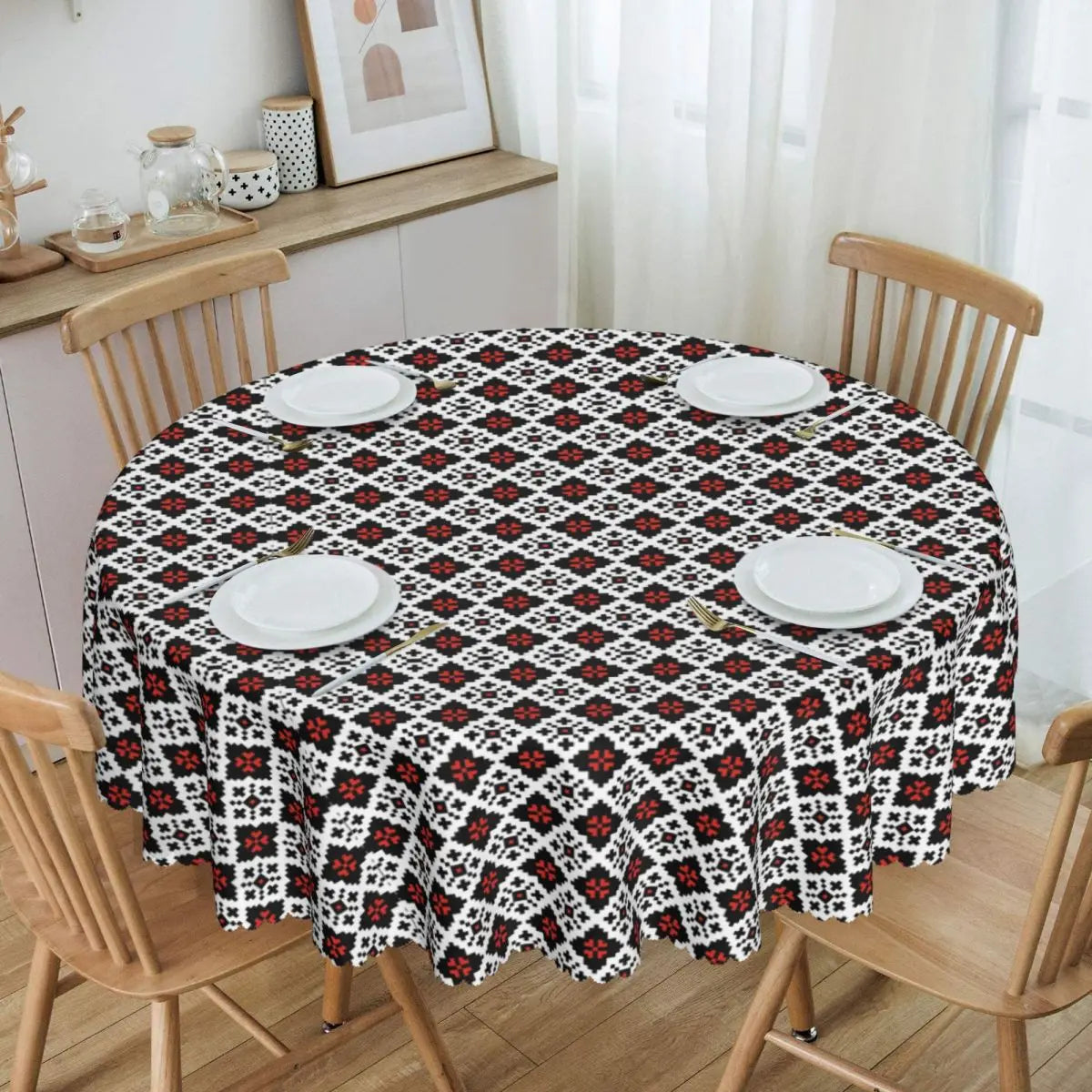 Ukraine Vyshyvanka Embroidery Tablecloth Round Oilproof Bohemian Geometric Table Cover Cloth for Kitchen 60 inches