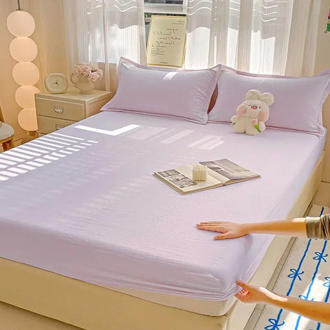 New Ultra-Thin Grid Pattern Fitted Sheet Set Washed Cotton Skin-Friendly Mattress Dust Cover Soft Breathable Household Mat