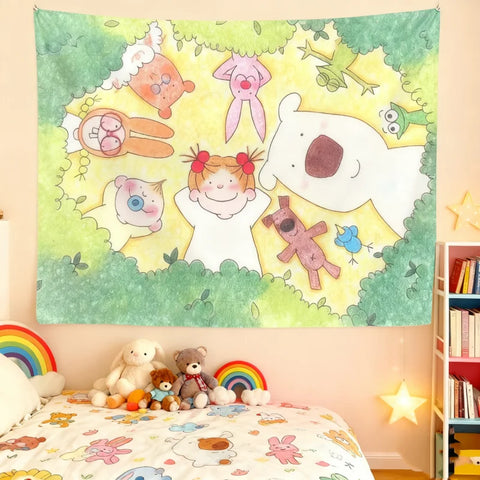 Cute Cartoon Kids Animal Wall Tapestry Forest Theme Flat Print Hanging Cloth Children Bedroom Nursery Decor Lightweight Polyeste