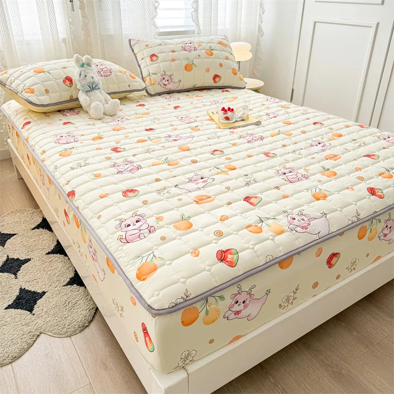 Adorable Quilted Washed Cotton Fitted Mattress Cover - Super Cute Girl's Design, Hypoallergenic